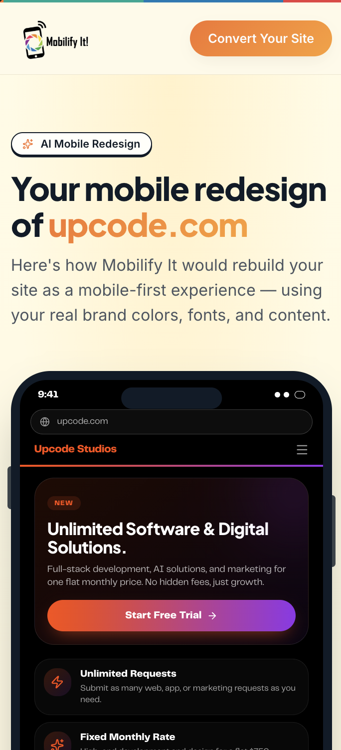 AI mobile redesign preview of upcode.com