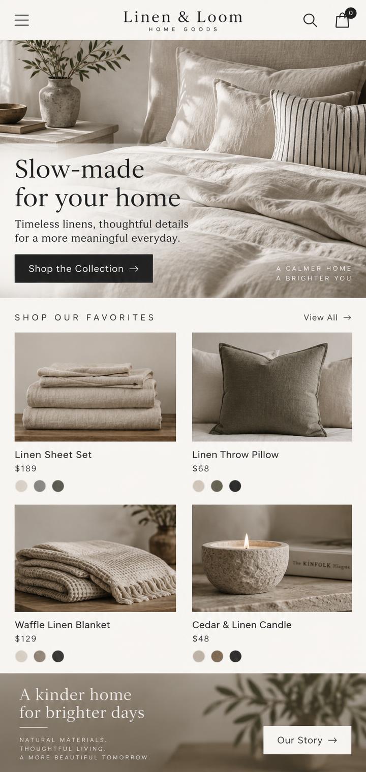 Example mobile responsive home goods shop website